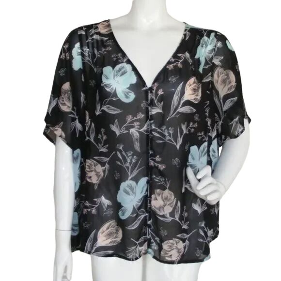 Torrid Sheer Top, 1/1X, Button front Floral, SS, Black/Blue/Pink - Picture 1 of 12